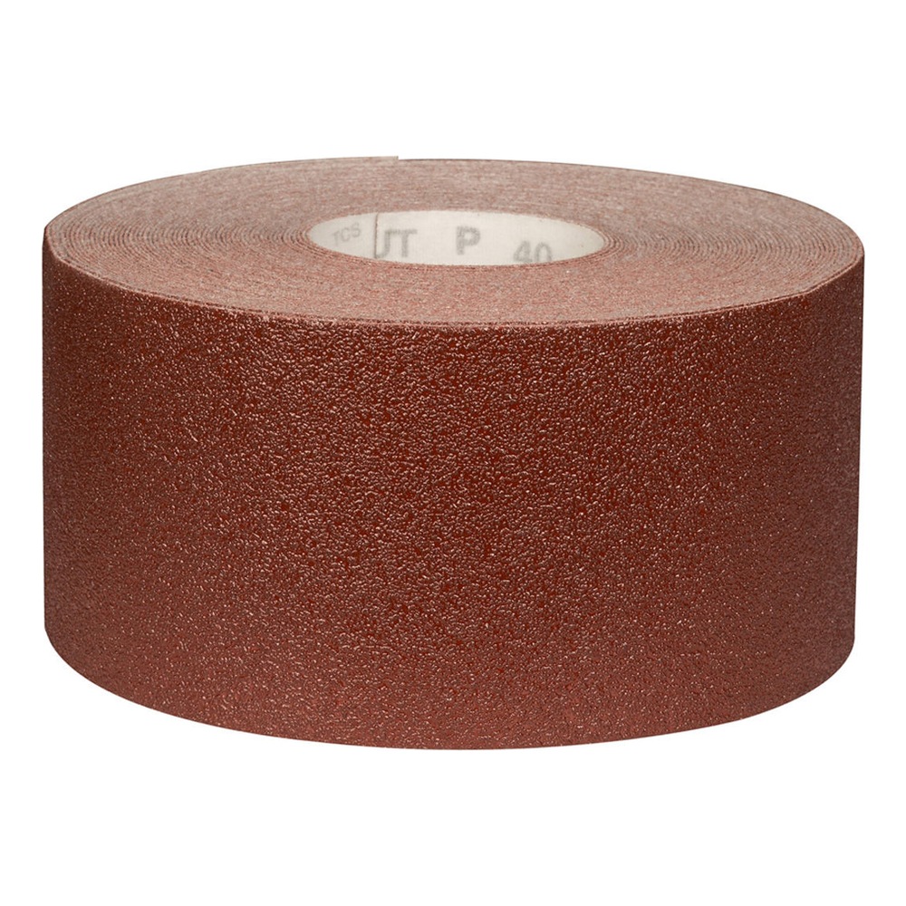 A rolled reddish-brown sanding paper coil without packaging, side view