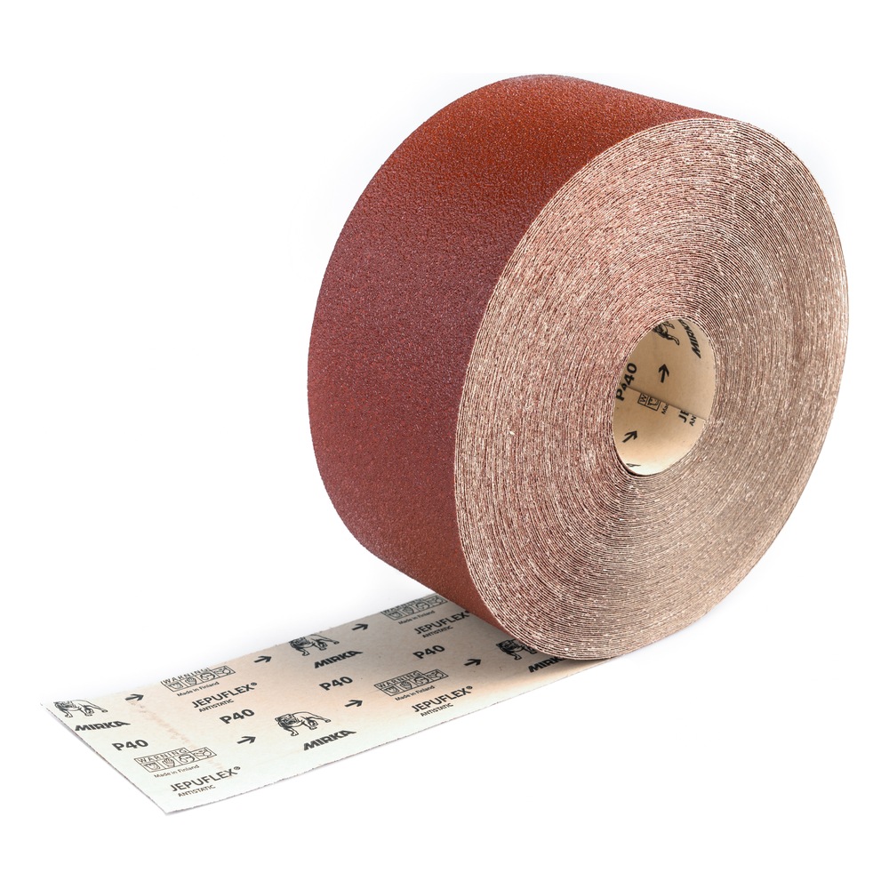 A large brown-red abrasive roll shown at an angle with a strip unrolled