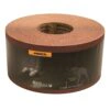A brown-red abrasive roll wound on a core, with a black wrapper and yellow