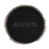 פד עגול שחור לליטוש עם קצוות סיביים אפורים ולוגו מובלט במרכז - A round black polishing pad with gray fuzzy edges and an embossed logo