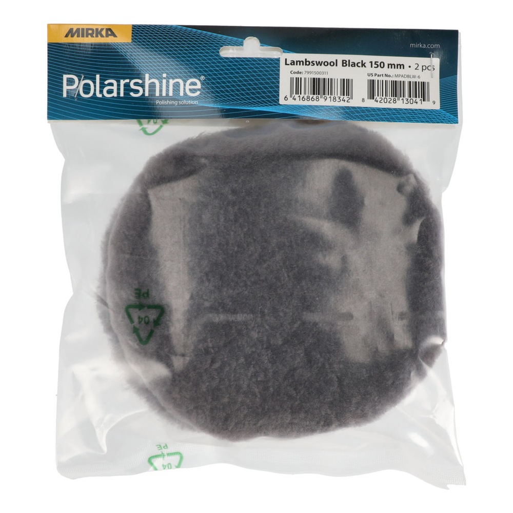 Plastic bag packaging with two dark gray lambswool pads and a MIRKA