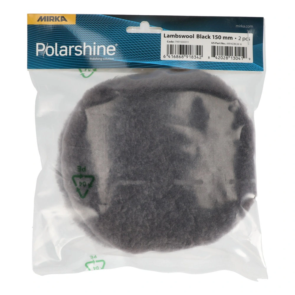Plastic bag packaging with two dark gray lambswool pads and a MIRKA