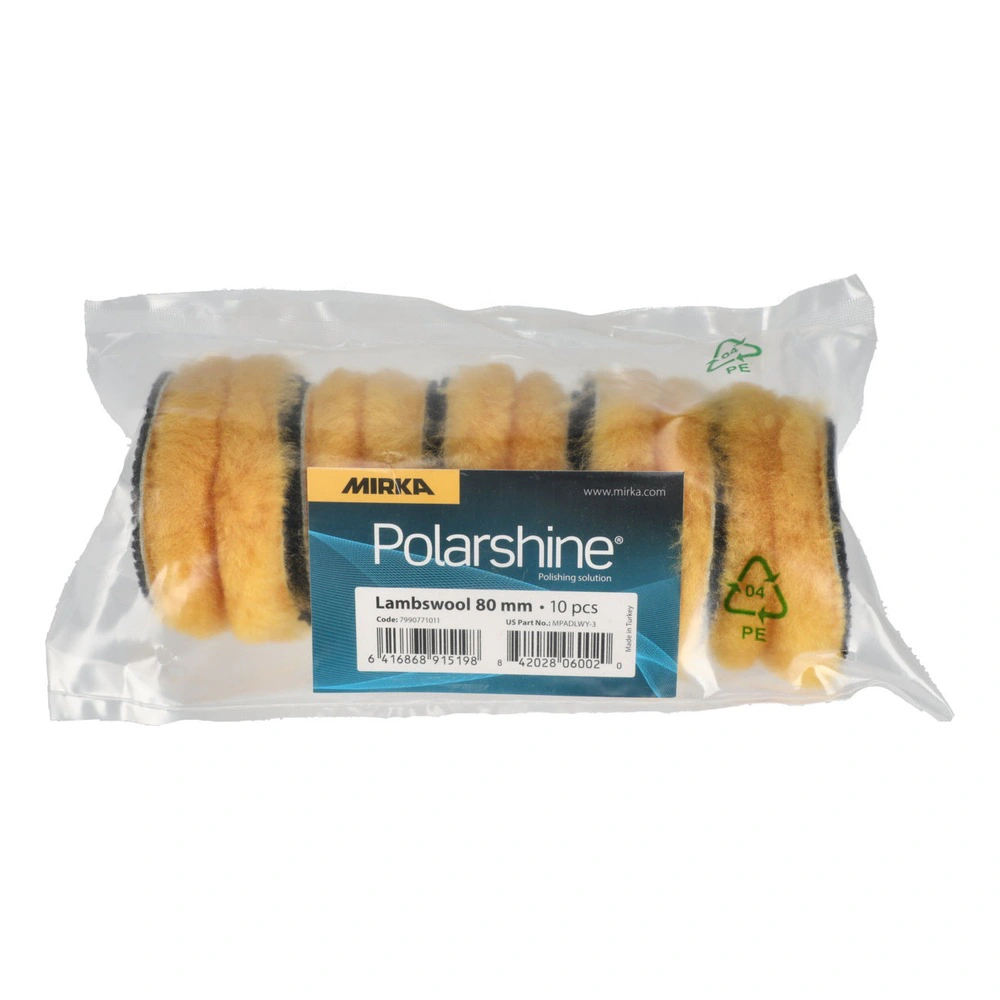 Clear plastic package with several yellow lambswool pads and a MIRKA