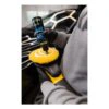 A person wearing gloves uses a polishing machine on a black car surface