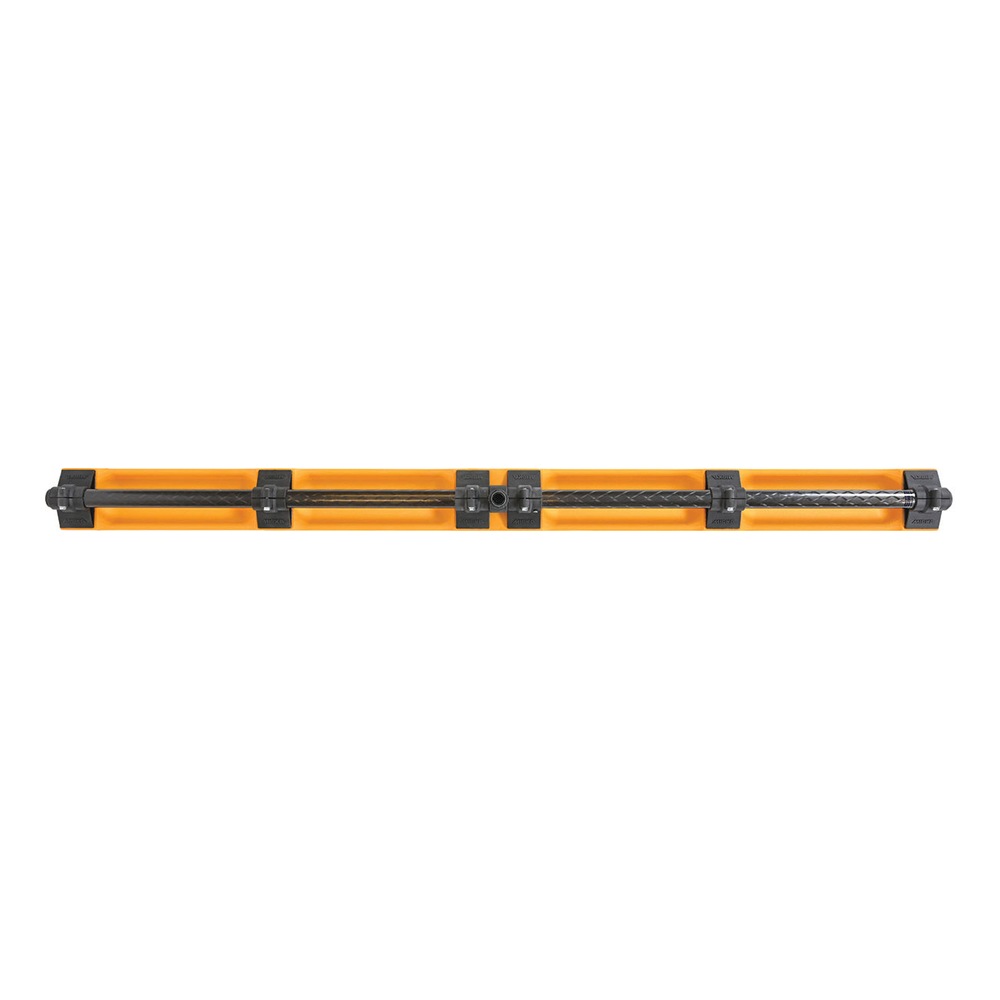 A flat side view of a long yellow board with black attached parts along its