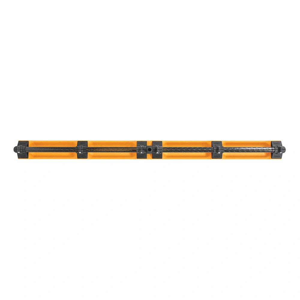 A flat side view of a long yellow board with black attached parts along its