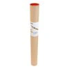 A tall cylindrical cardboard package with a small printed label