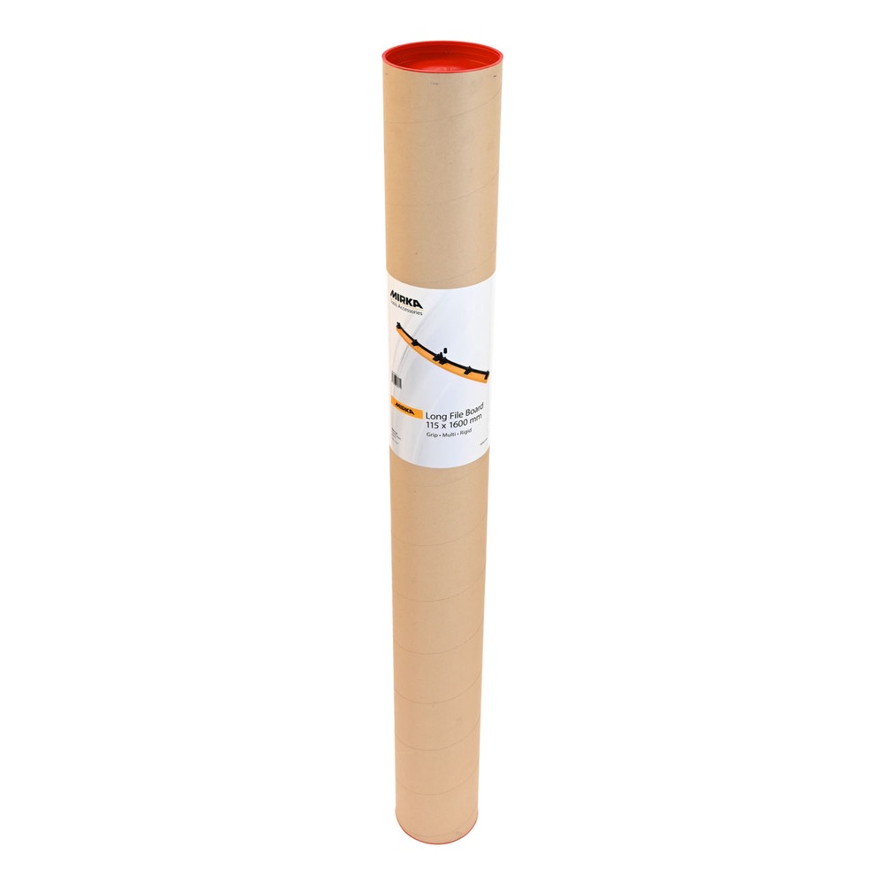 A tall cylindrical cardboard package with a small printed label