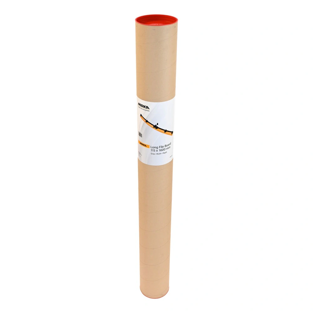 A tall cylindrical cardboard package with a small printed label