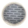 A round white pad with a gray center printed repeatedly with the text MIRKA