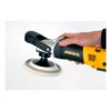 An angle polisher held in hand with a white wool pad attached, shown