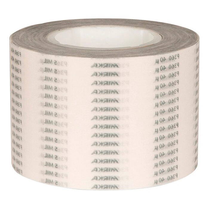 A light-colored rolled sanding film strip with repeated Mirka printing