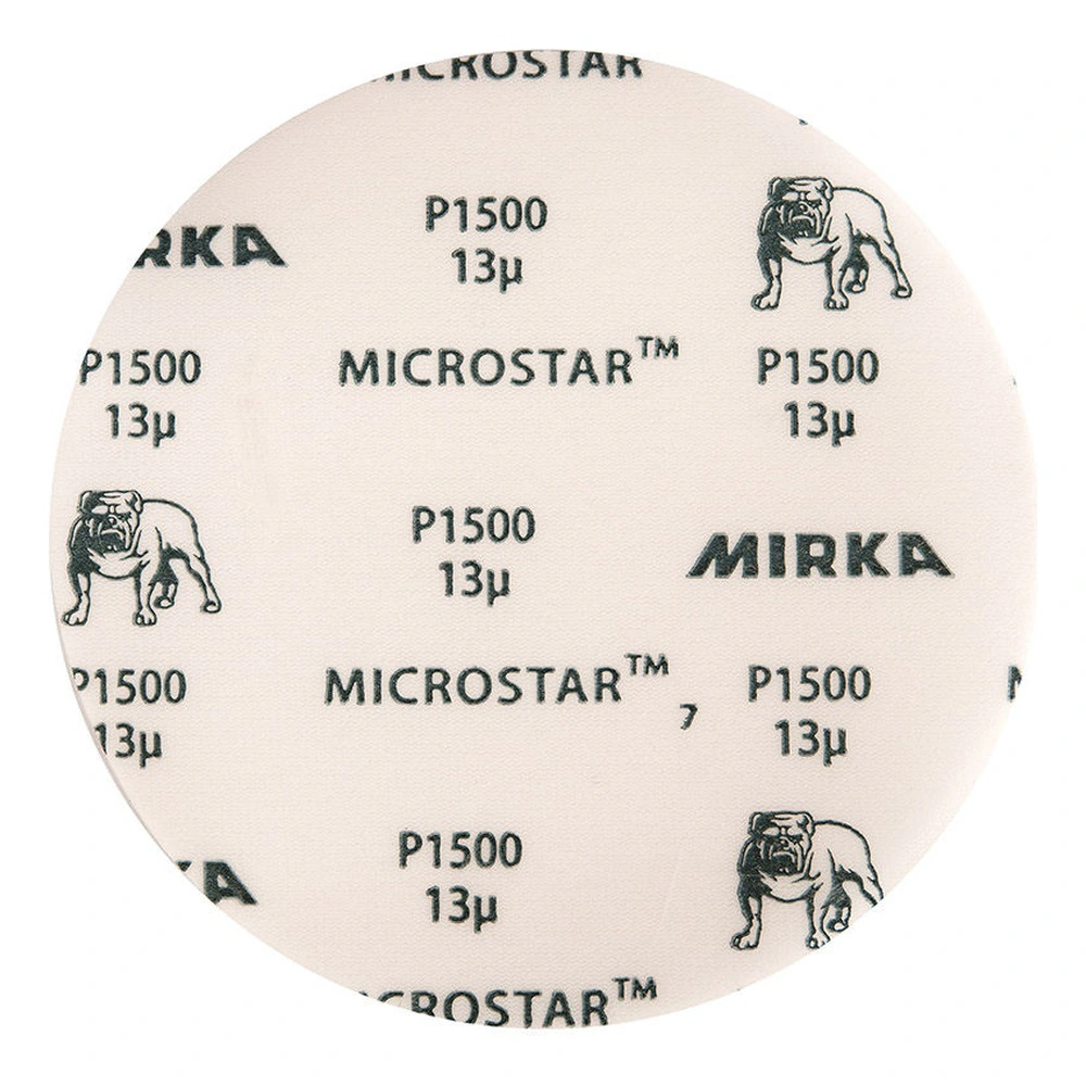 A round light sanding disc with Mirka, Microstar, and P1500 13µ printing