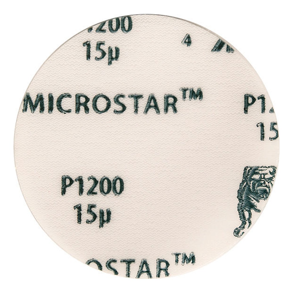 A round light sanding disc with Mirka, Microstar, and P1200 15µ printing