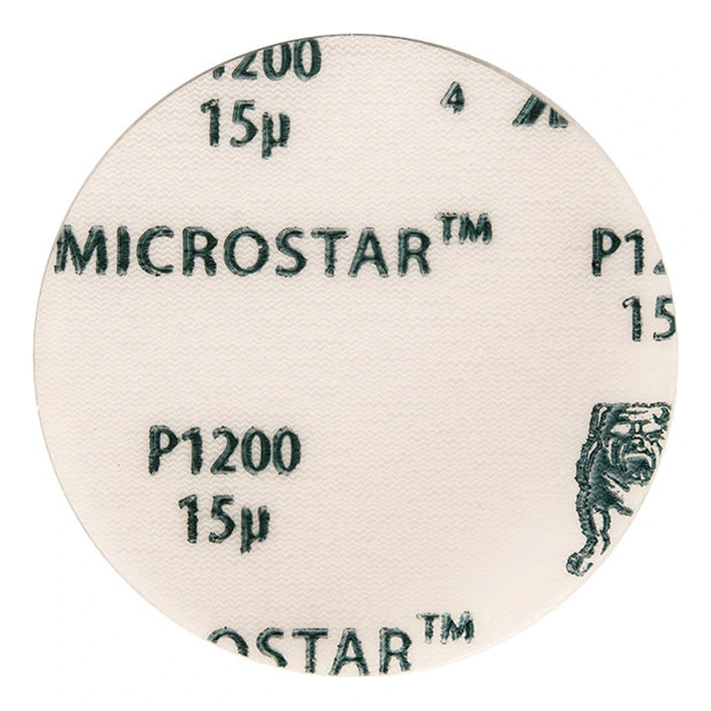 A round light sanding disc with Mirka, Microstar, and P1200 15µ printing