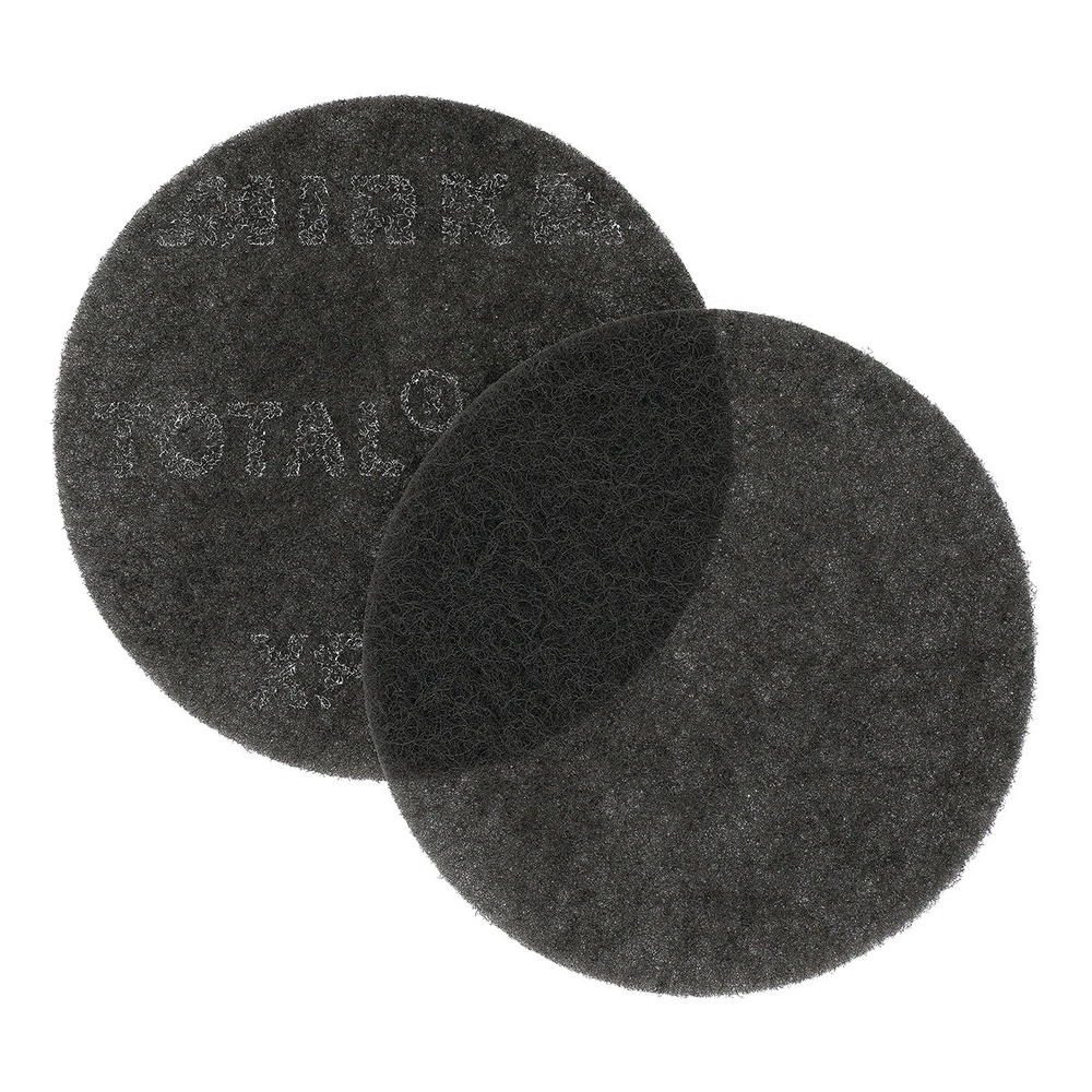 Two overlapping black round sanding pads