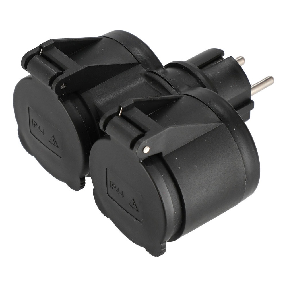 Black two-way electrical adapter, angled view