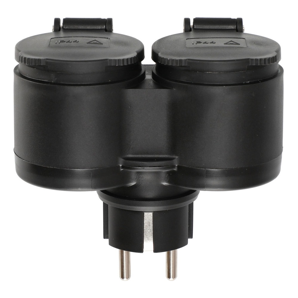 Black dual outlet electrical adapter with pins