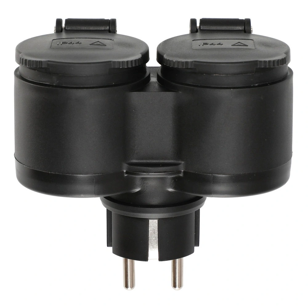 Black dual outlet electrical adapter with pins