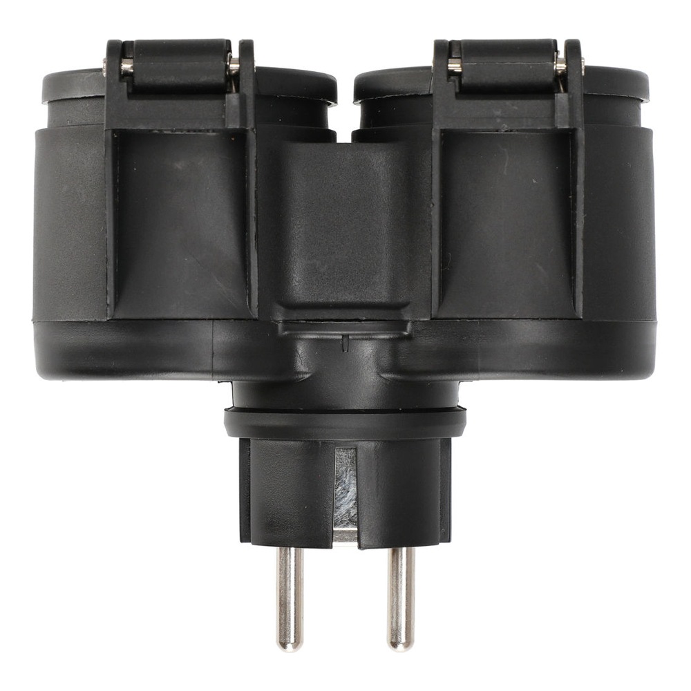 Black dual-socket adapter with two pins