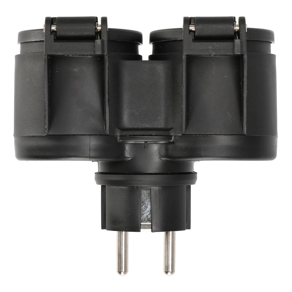 Black dual-socket adapter with two pins