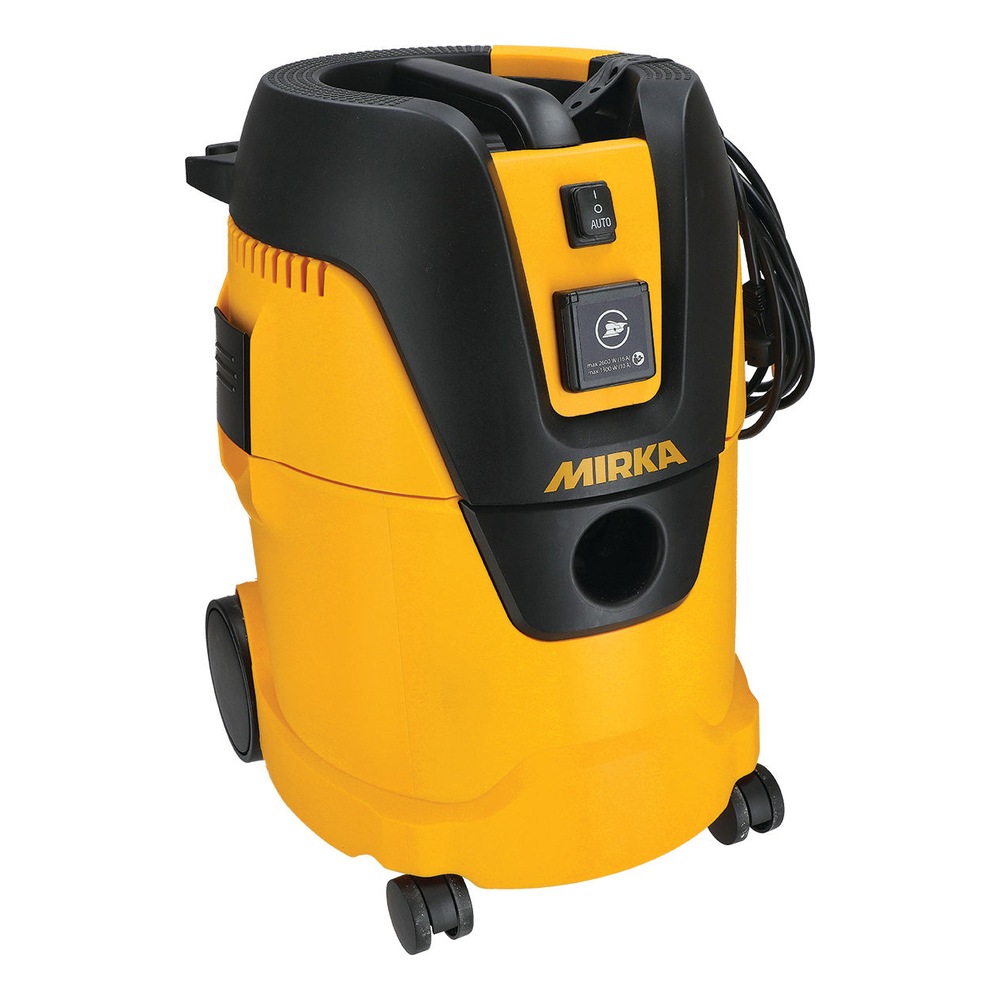 Yellow-black dust extractor with handle and wheels