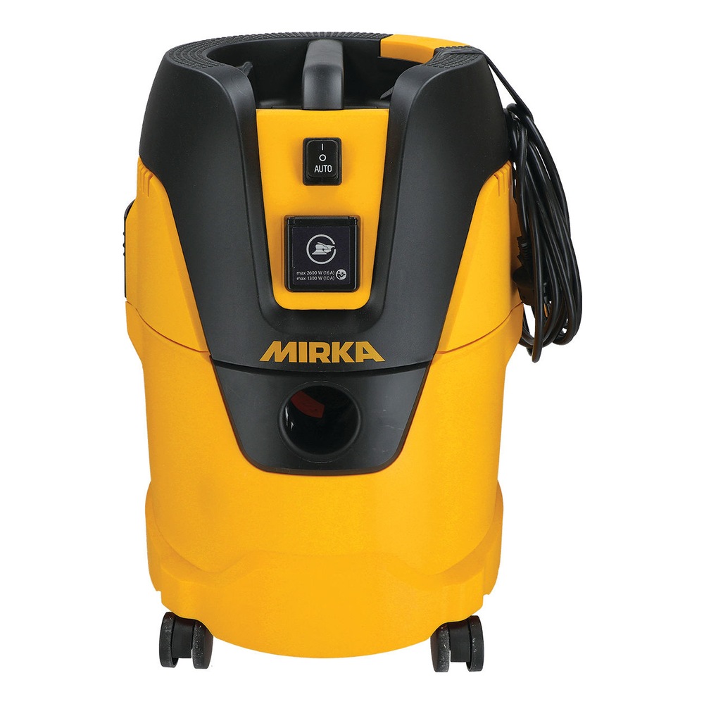 Front of yellow-black dust extractor with coiled cord