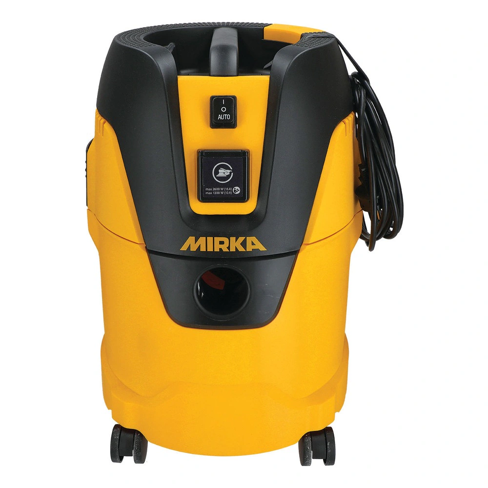Front of yellow-black dust extractor with coiled cord