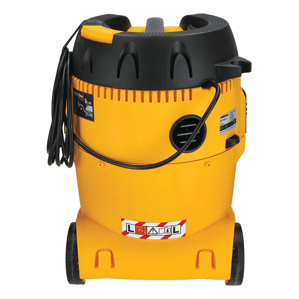 Rear of yellow-black dust extractor with coiled cord