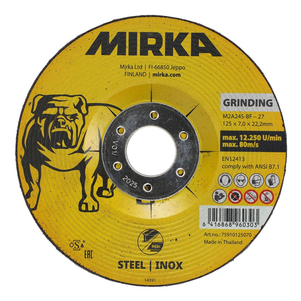Yellow grinding disc with MIRKA text and center hub