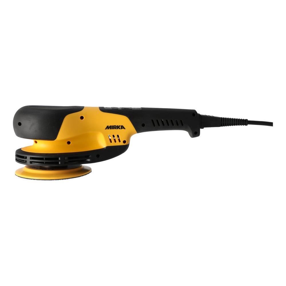 Black-yellow electric polisher in side view on white