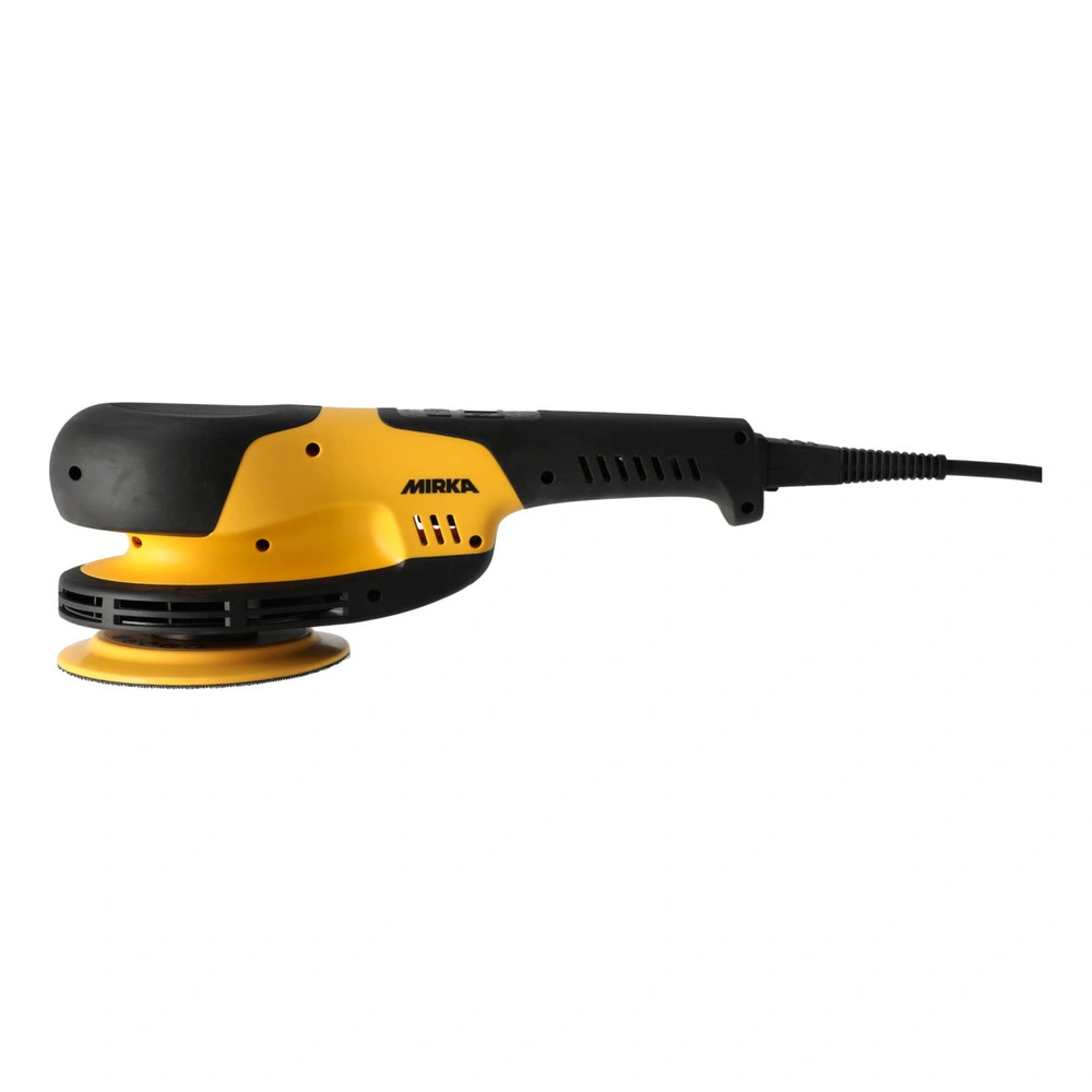 Black-yellow electric polisher in side view on white