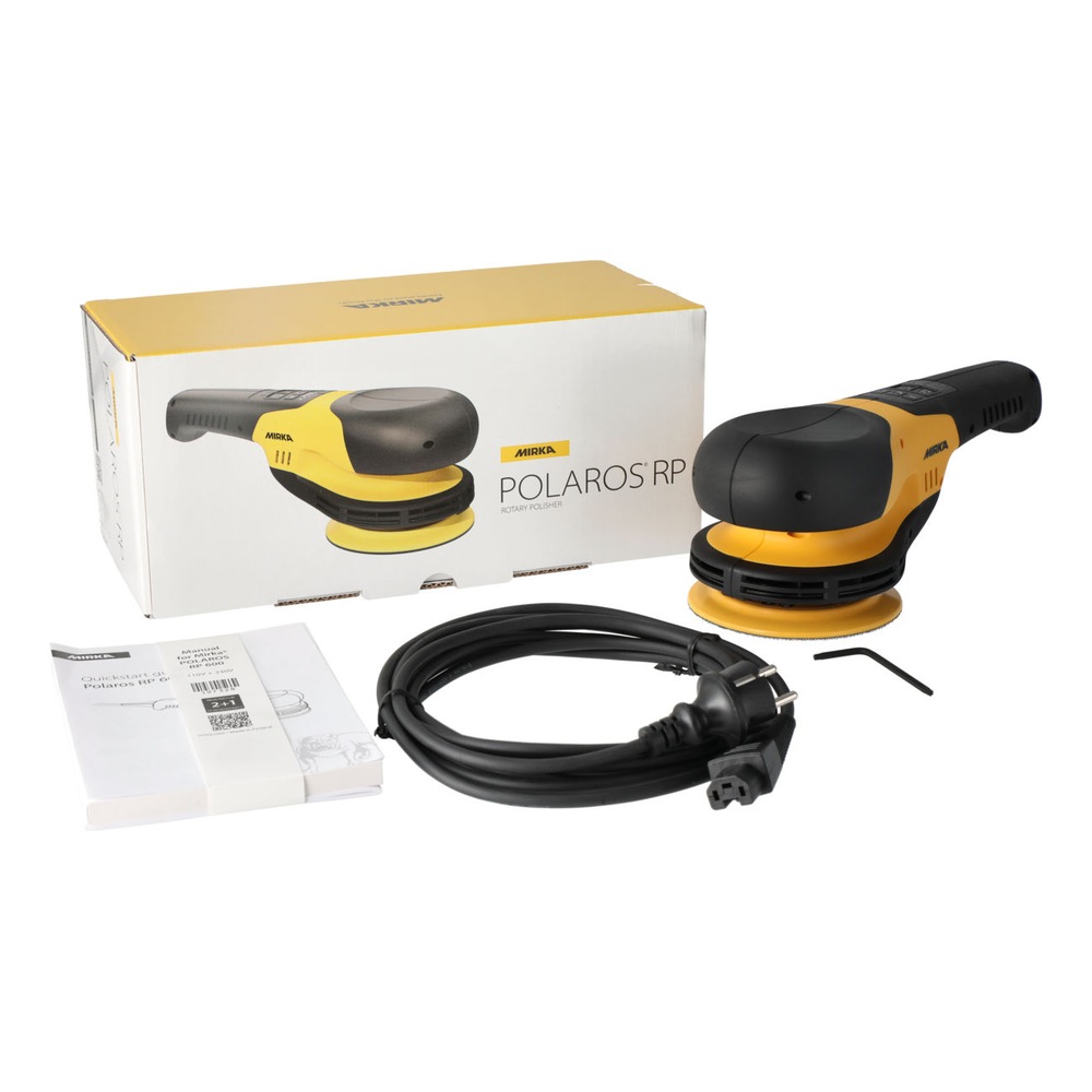 Rotary sander, box, cord, manual, and hex key