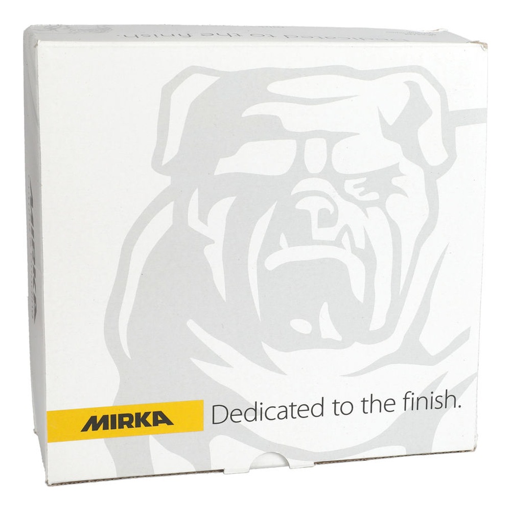 White cardboard box with dog graphic and Mirka logo