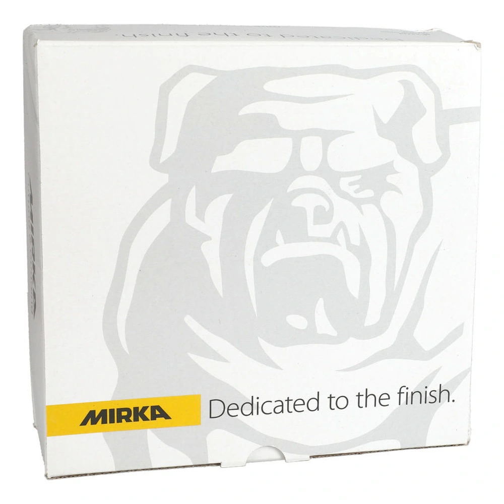 White cardboard box with dog graphic and Mirka logo