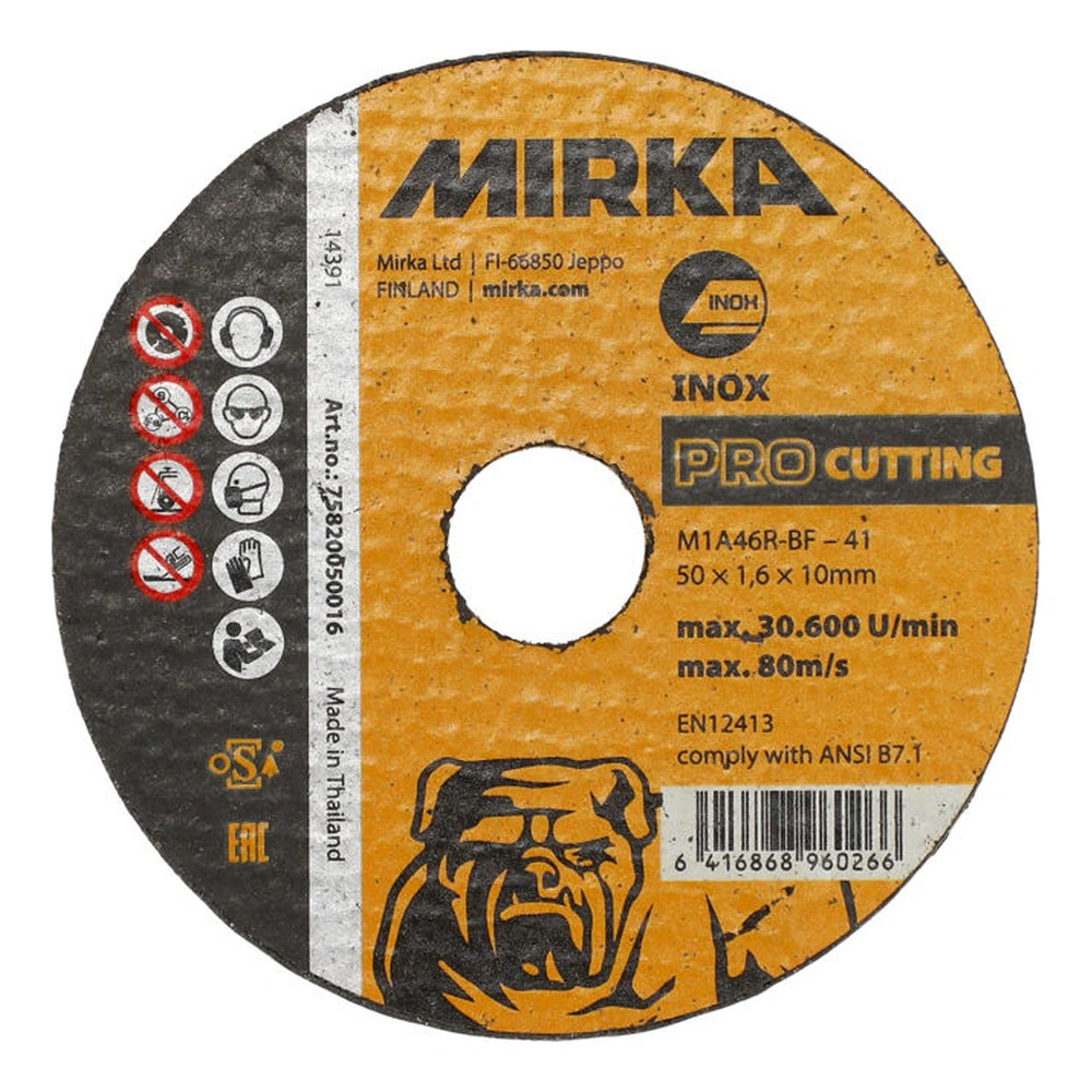 Orange and black Mirka cutting disc for inox
