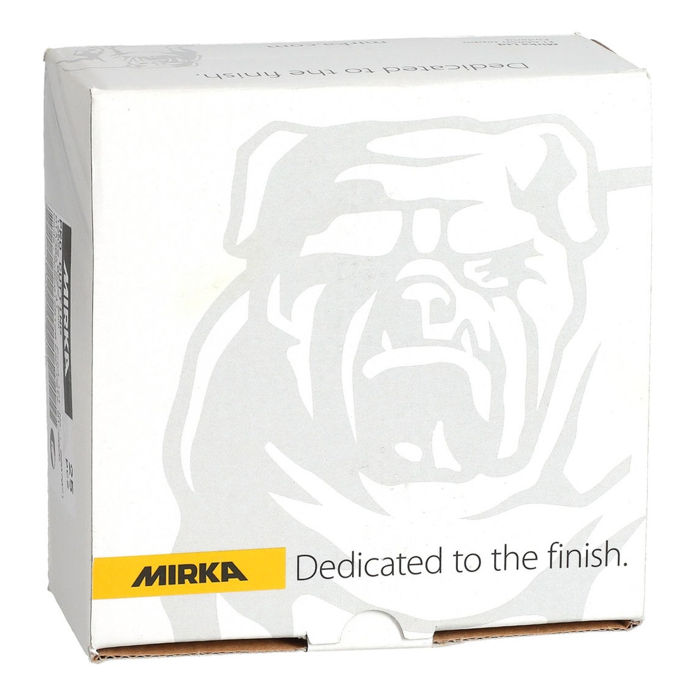 Closed white Mirka box with bulldog graphic