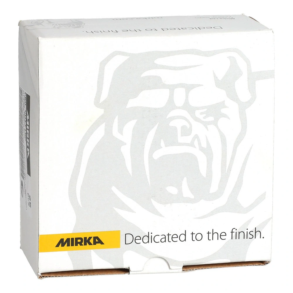 Closed white Mirka box with bulldog graphic