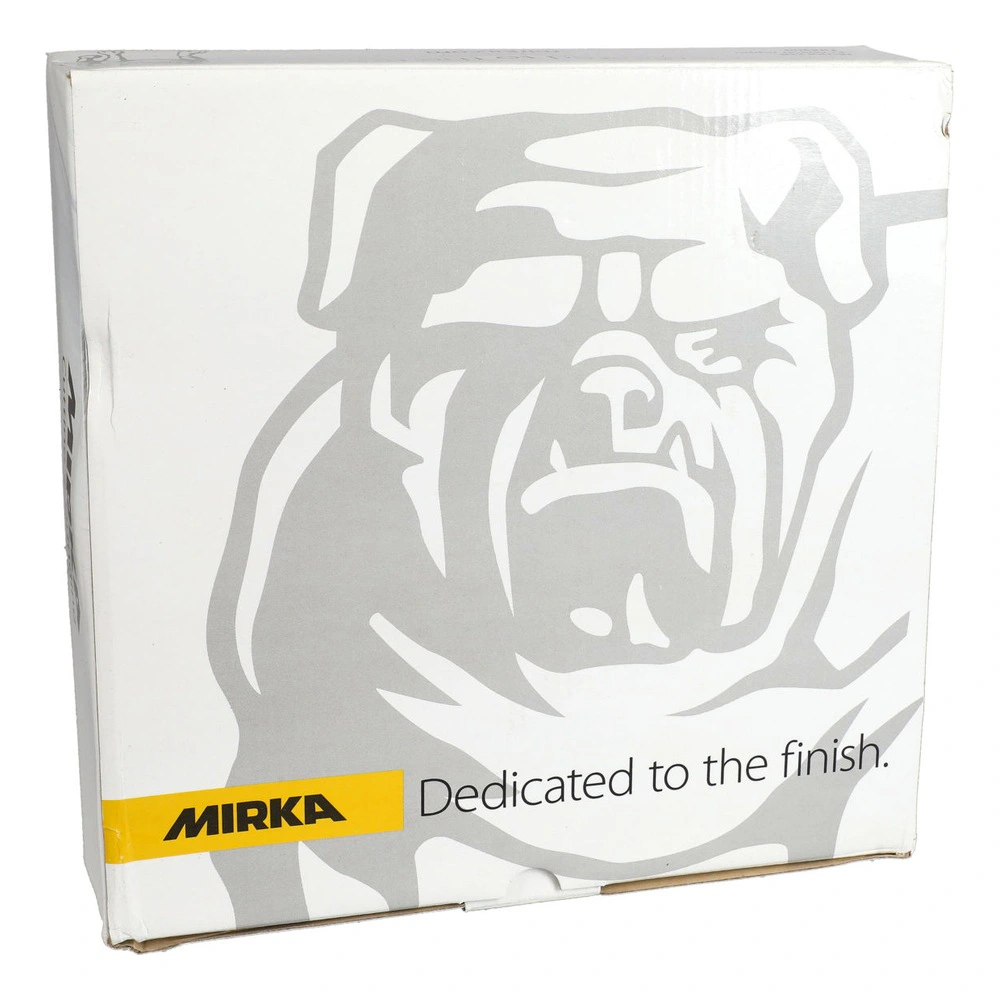 White cardboard box with Mirka logo and bear graphic