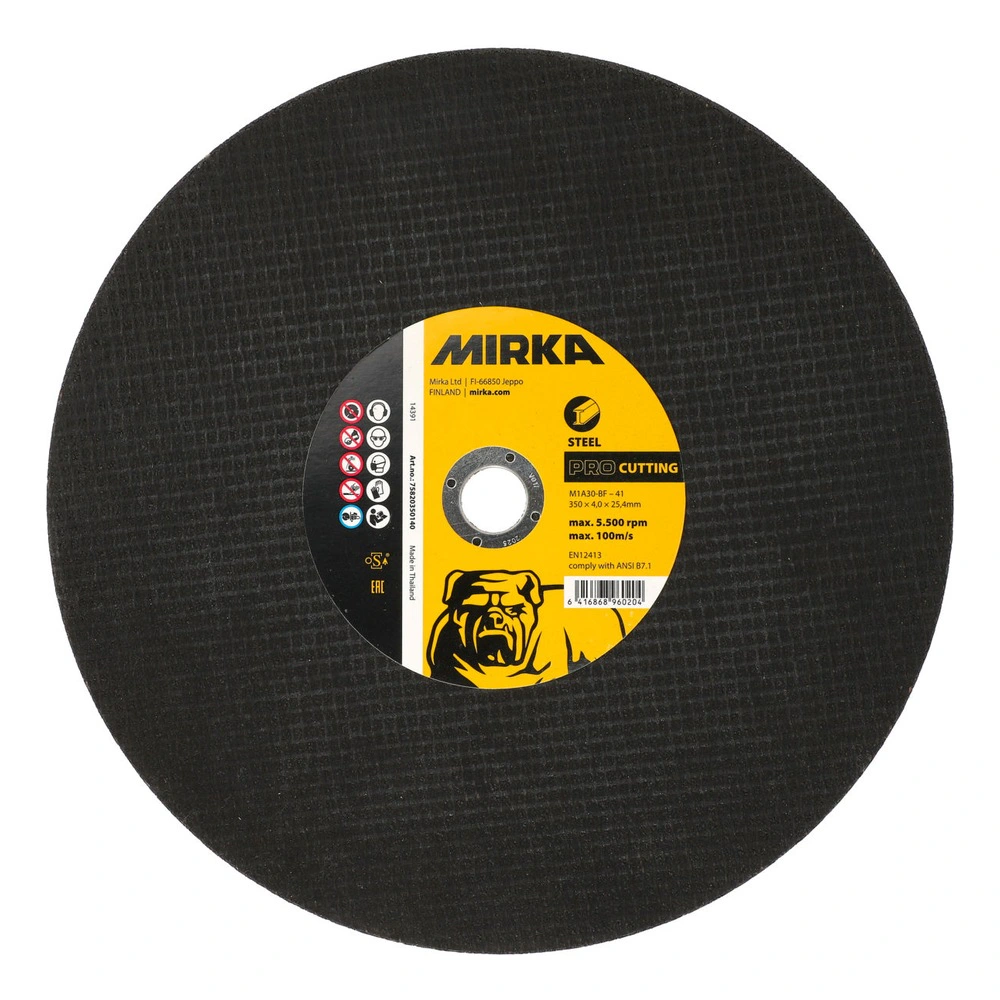 Black cutting disc with yellow label, front view