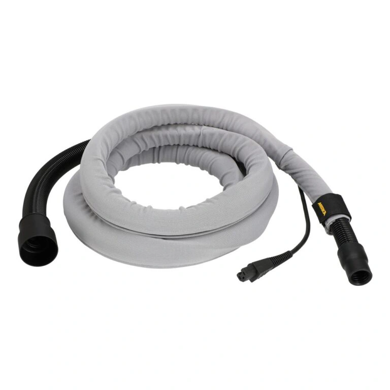 Coiled gray hose with attached cable