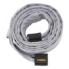 Coiled gray sleeve with black label
