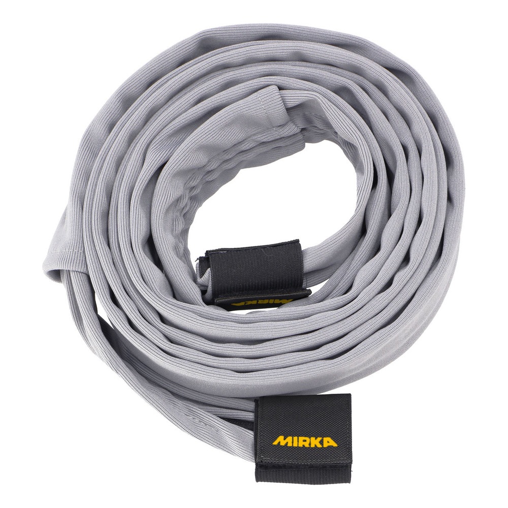 Coiled gray sleeve with black label