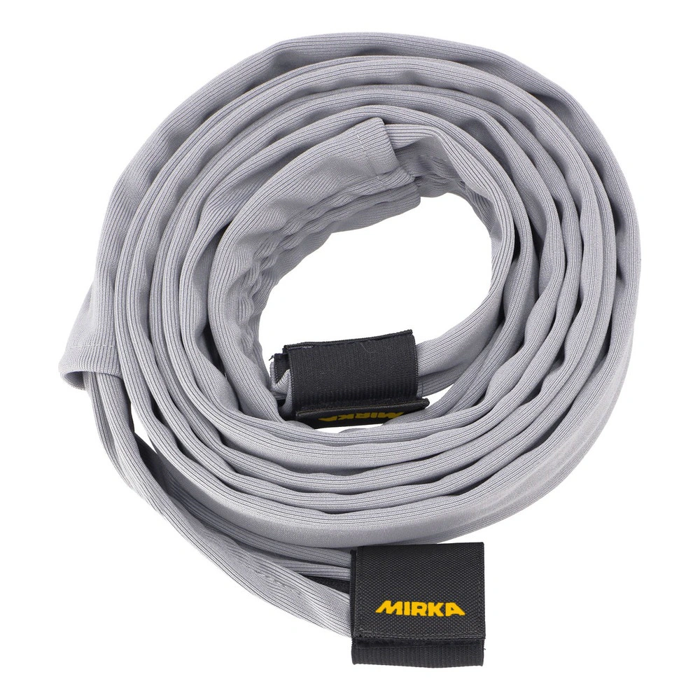 Coiled gray sleeve with black label
