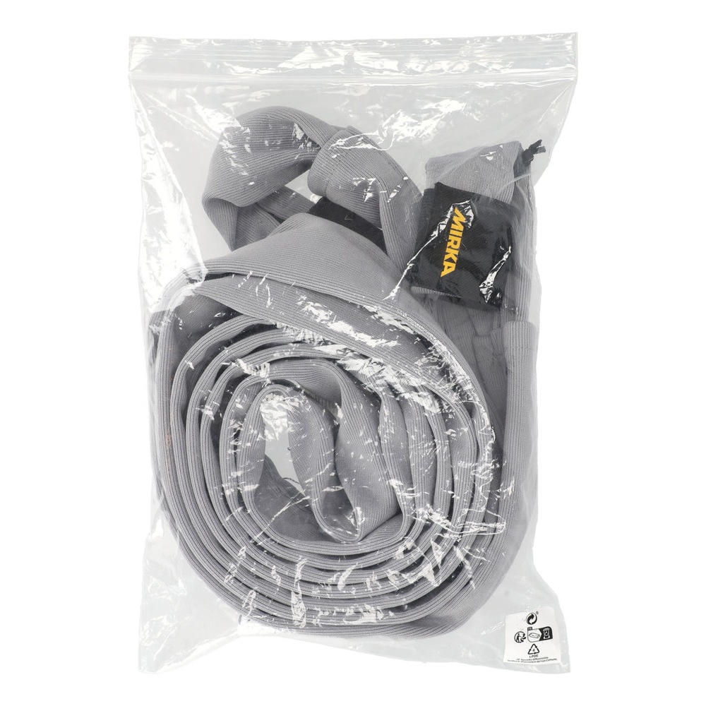 Clear plastic bag with coiled gray hose