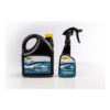 Two black containers, bottle and sprayer, on white