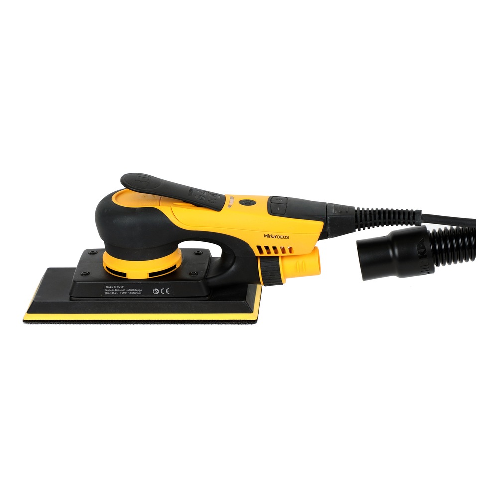 Hand sander attached to black hose