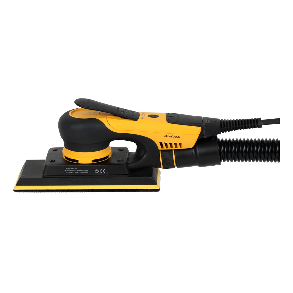 Hand sander attached to black corrugated hose