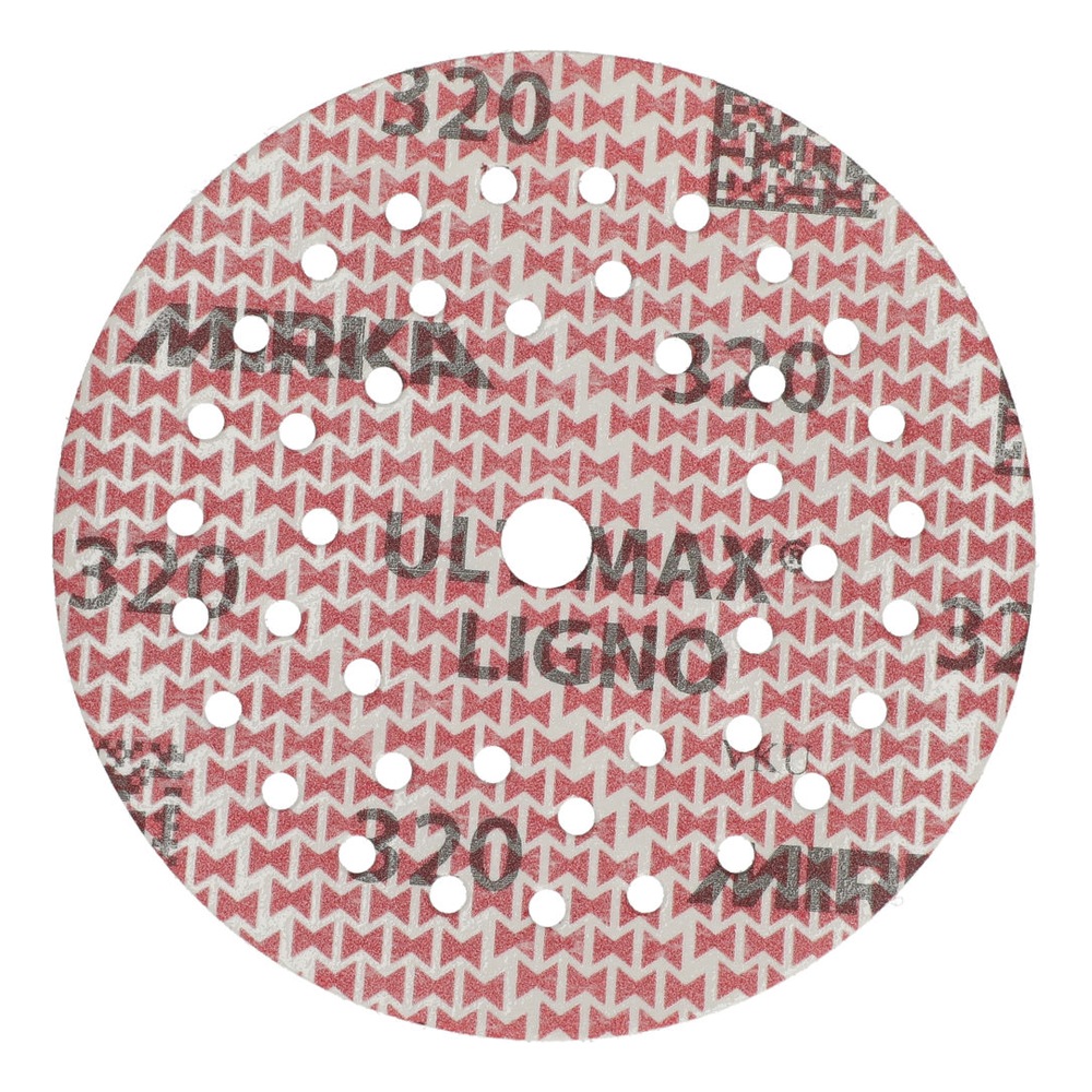 Perforated red and white sanding disc, front view