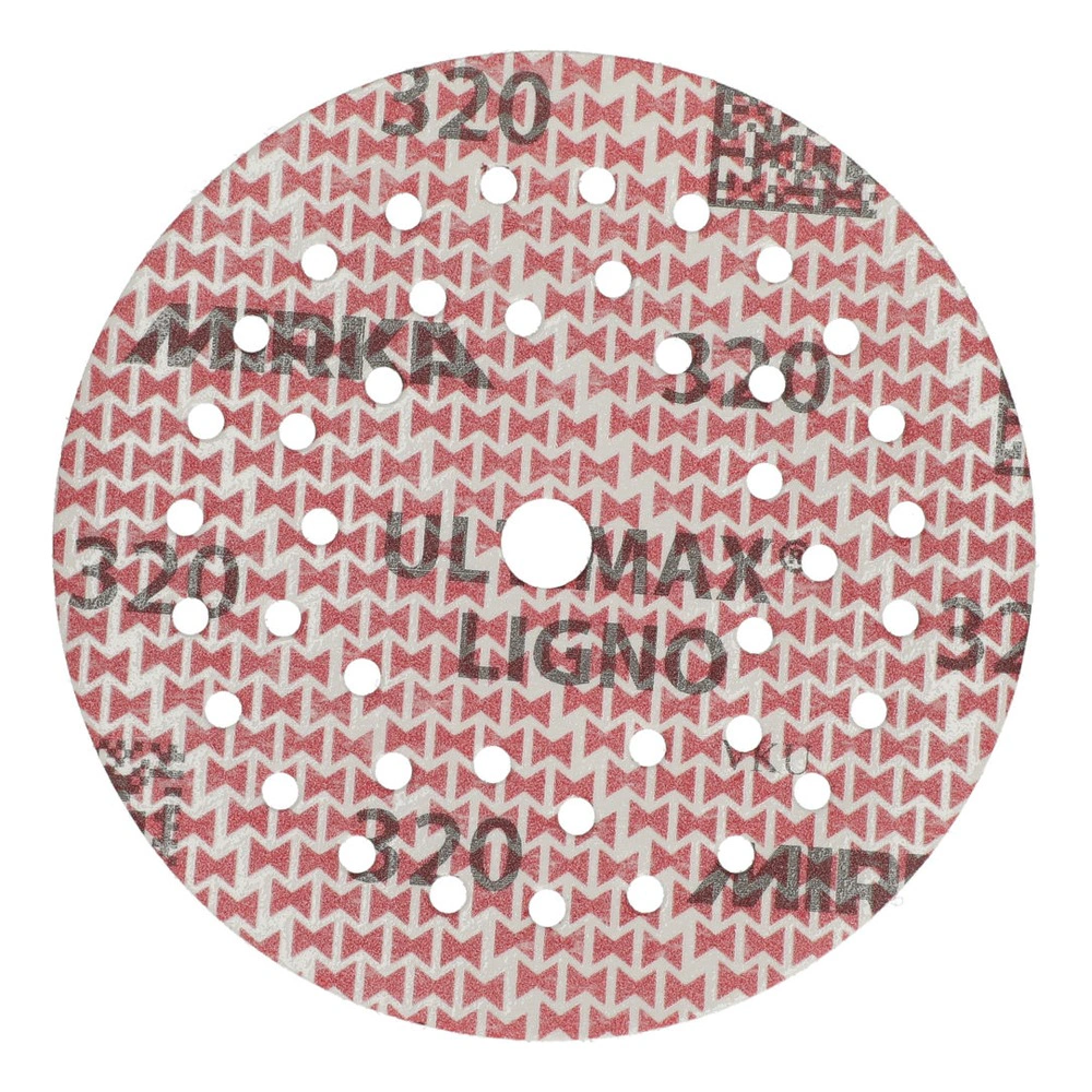 Perforated red and white sanding disc, front view